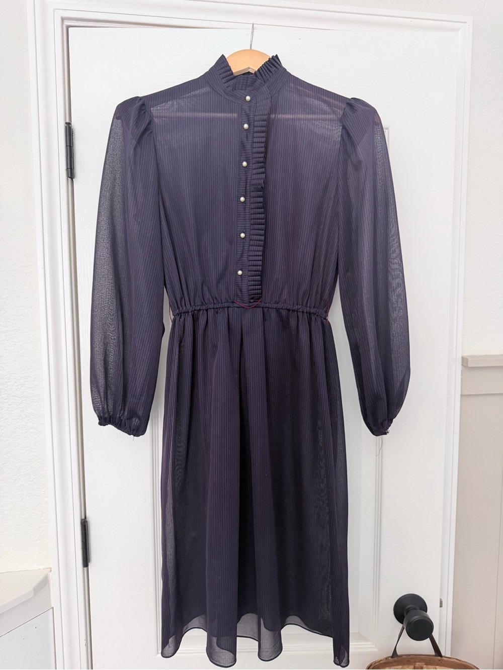Koret Navy Long-Sleeve Sheer Ruffle-Front Dress